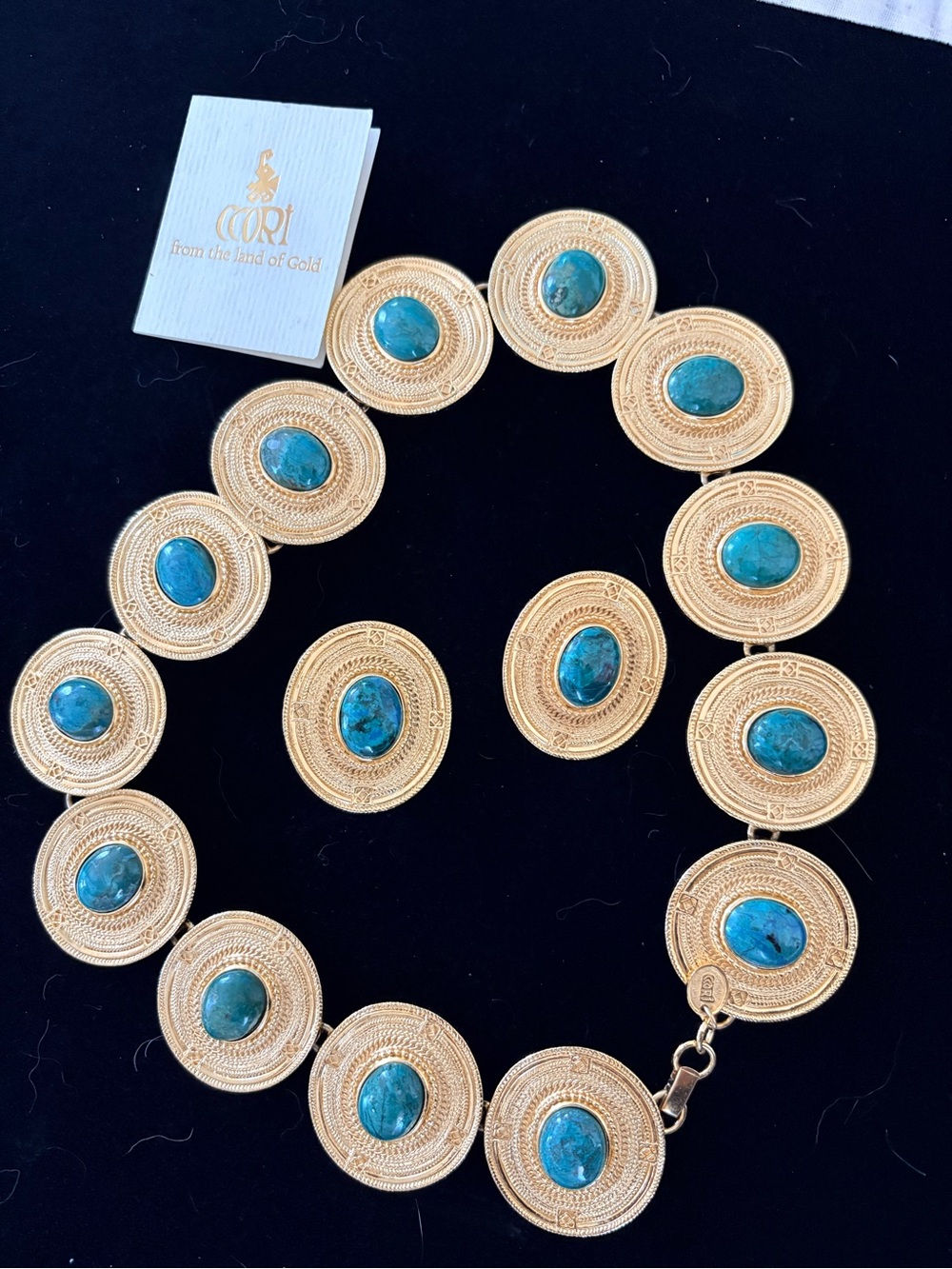 Gold-Tone Disc Necklace and Earring Set with Turquoise Stones